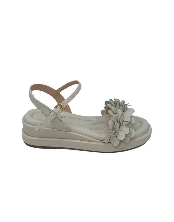 TOSCA BLU SANDALO UNA FASCIA CON CINRURINO ALLA CAVIGLIA, TOMAIA IN VITELLO SFRANGIATO COLORE AVORIO, ZEPPA FASCIATA 5,5CM, FON