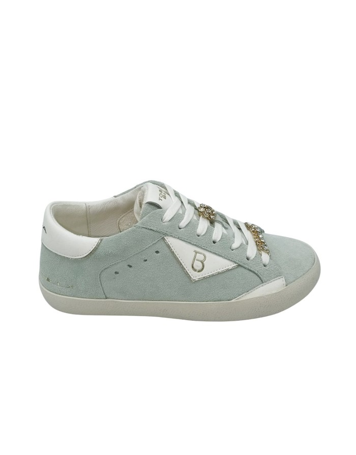 TOSCA BLU SNEAKER LACCI IN CAMOSCIO COLORE CIELO CON TOPPONCINO IN VITELLO BIANCO, ACCESSORIO STRASSATO STACCABILE SUL LACCIO, 