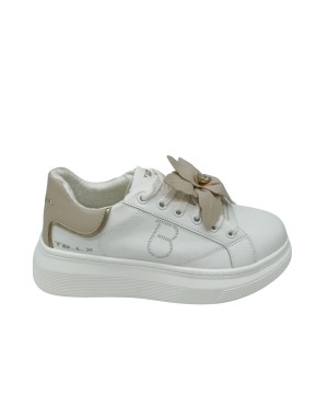 TOSCA BLU SNEAKER LACCI IN VITELLO COLORE BIANCO CON TOPPONCINO BEIGE, ACCESSORIO FIORE STACCABILE, FONDO GOMMA EXTRA LIGHT 4,5