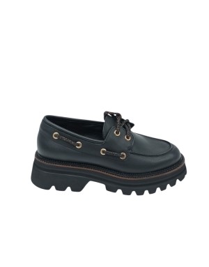 TOSCA BLU STRINGATA/BARCA IN VITELLO COLORE NERO, LACCIO NERO/BRONZO, FONDO MICRO CARRO 5CM, GUARDOLO CUOIO