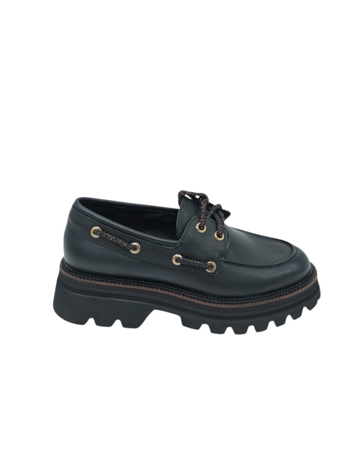 TOSCA BLU STRINGATA/BARCA IN VITELLO COLORE NERO, LACCIO NERO/BRONZO, FONDO MICRO CARRO 5CM, GUARDOLO CUOIO