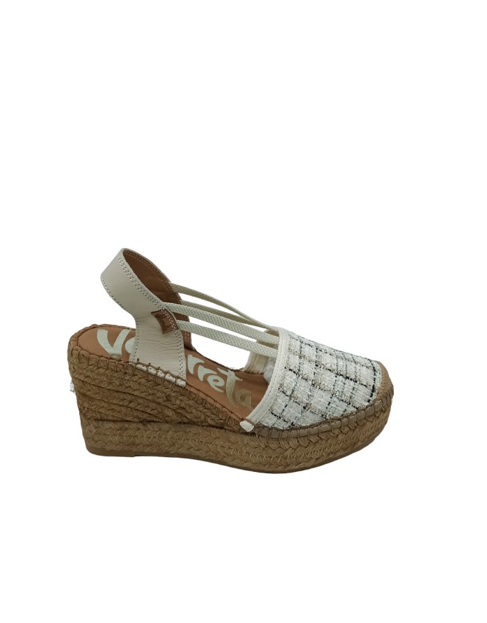 VIDORRETA 18400 ESPADRILLAS IN VITELLO  E TESSUTO COLORE CRUDO DAMASCATO, ELASTICI IN TINTA SUL COLLO PIEDE, ZEPPA CORDA 8CM CO