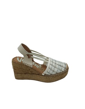 VIDORRETA 18400 ESPADRILLAS IN VITELLO  E TESSUTO COLORE CRUDO DAMASCATO, ELASTICI IN TINTA SUL COLLO PIEDE, ZEPPA CORDA 8CM CO