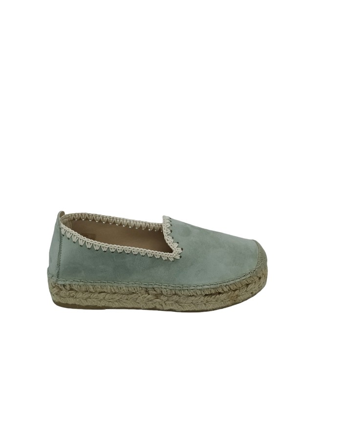 VIDORRETA 74095, MOCASSINO IN  CAMOSCIO COLORE ACQUA CON PROFILI BEIGE, ZEPPA FASCIATA CORDA 4CM