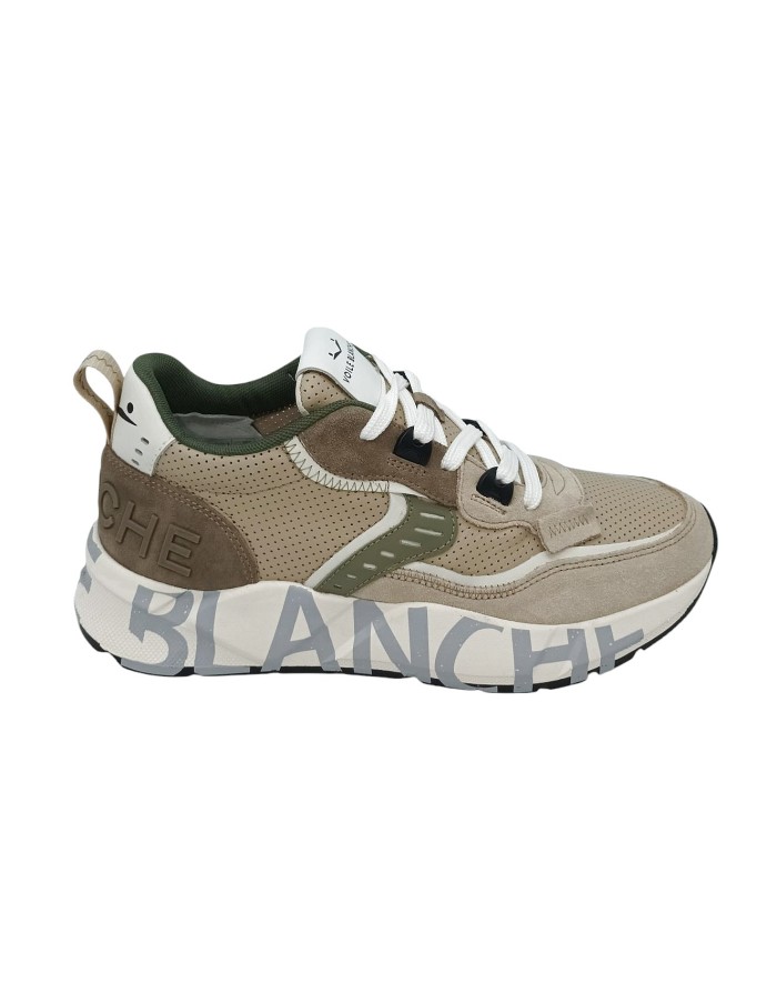 VOILE BLANCHE CLUB 01 MESH SNEAKER LACCI IN VITELLO MICROFORATO E CAMOSCIO COLORE BEIGE-BROWN CON PROFILI VERDI E BIANCHI, FOND