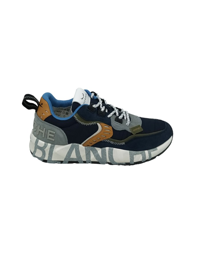 VOILE BLANCHE CLUB 01, SNEAKER LACCI IN CAMOSCIO E TESSUTO TECNICO COLORE BLU/NAVY CON RIPORTI GRIGI E CUOIO, FONDO GOMMA EXTRA