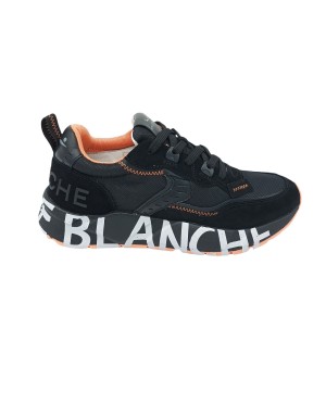 VOILE BLANCHE CLUB 01, SNEAKER LACCI IN CAMOSCIO E TESSUTO TECNICO COLORE NERO CON PROFILI ARANCIO, FONDO GOMMA LOGATO