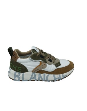 VOILE BLANCHE CLUB 01, SNEAKER LACCI IN CAMOSCIO E TESSUTO VELICO COLORE BEIGE-CUOIO-VERDE-BIANCO, FONDO GOMMA LOGATO