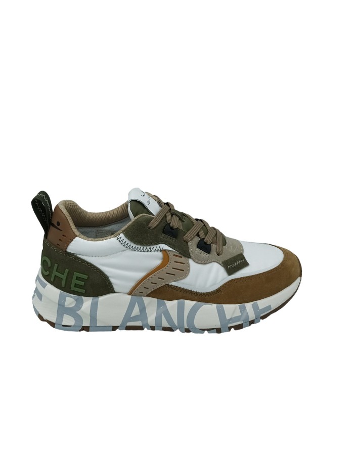 VOILE BLANCHE CLUB 01, SNEAKER LACCI IN CAMOSCIO E TESSUTO VELICO COLORE BEIGE-CUOIO-VERDE-BIANCO, FONDO GOMMA LOGATO