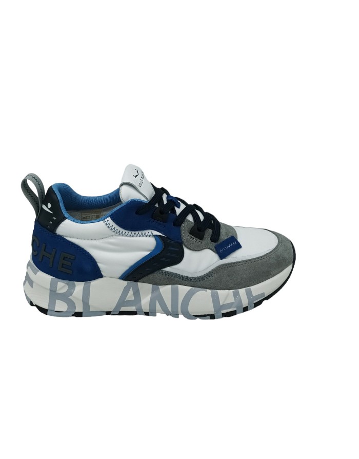VOILE BLANCHE CLUB 01, SNEAKER LACCI IN CAMOSCIO E TESSUTO VELICO COLORE GRIGIO-BIANCO- AZZURRO, FONDO GOMMA LOGATO