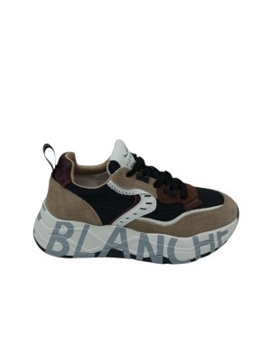 VOILE BLANCHE CLUB 105 SNEAKER LACCI IN CAMOSCIO E TESSUTO TECNICO COLORE CAMEL/NERO/BORDEAUX CON PROFILI BORDO' E BIANCHI, FON