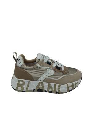 VOILE BLANCHE CLUB 105, SNEAKER LACCI IN CAMOSCIO E TESSUTO TECNICO COLORE BEIGE/PLATINO CON PROFILI LAMINATO BIANCHI, FONDO GO