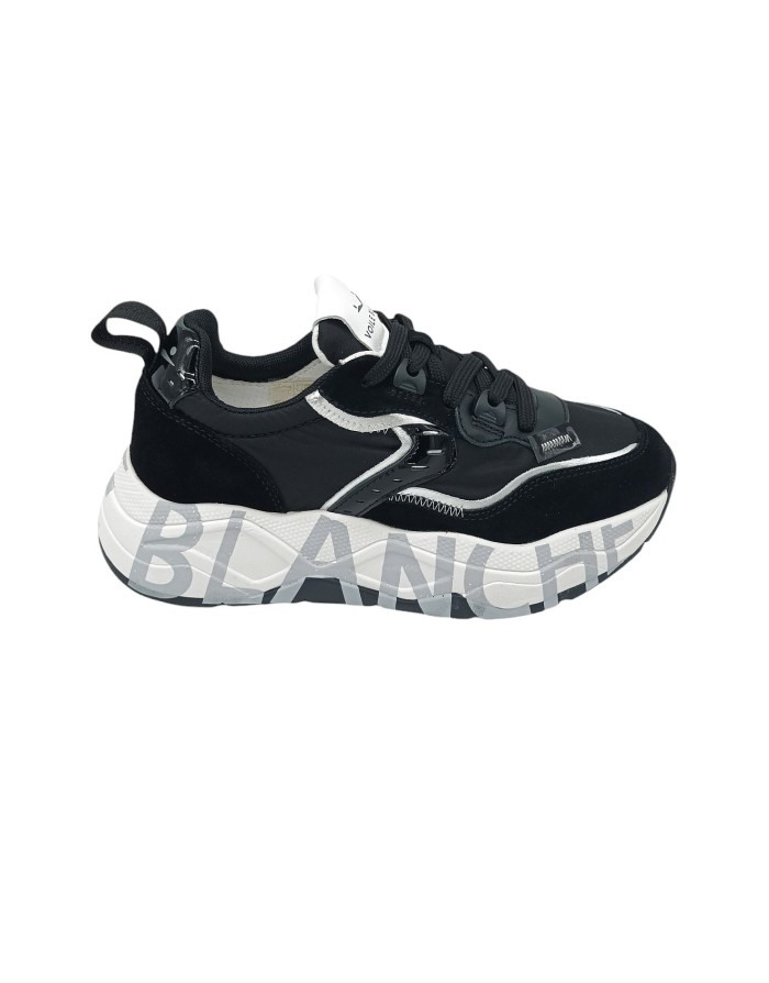 VOILE BLANCHE CLUB 105, SNEAKER LACCI IN CAMOSCIO E TESSUTO TECNICO COLORE NERO CON PROFILI LAMINATO ARGENTO, FONDO GOMMA LOGAT