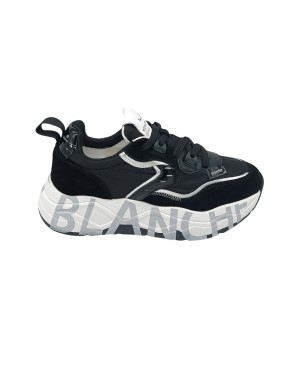 VOILE BLANCHE CLUB 105, SNEAKER LACCI IN CAMOSCIO E TESSUTO TECNICO COLORE NERO CON PROFILI LAMINATO ARGENTO, FONDO GOMMA LOGAT