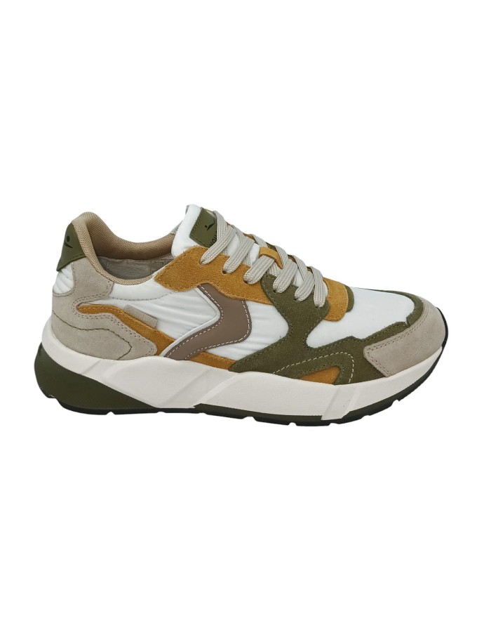 VOILE BLANCHE CLUB 19 SNEAKER LACCI IN CAMOSCIO  E TESSUTO TECNICO COLORE BEIGE-VERDE-MOSTARDA-BIANCO, FONDO GOMMA  EXTRA LIGHT