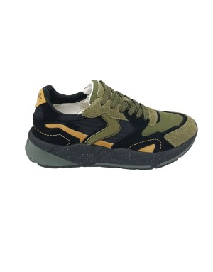 VOILE BLANCHE CLUB 19, SNEAKER LACCI IN CAMOSCIO E TESSUTO TECNICO COLORE  VERDE MILITARE-NERO CON PROFILI SENAPE, FONDO GOMMA