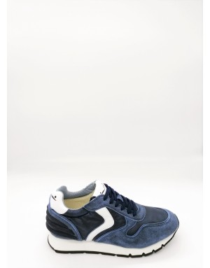 VOILE BLANCHE LIAM POWER BOOM/TESS. LUBIC DECOLO SNEAKER LACCI UOMO IN CAMOSCIO E TESSUTO NUVOLATO COLOR BLU, BAFFO BIANCO E TO