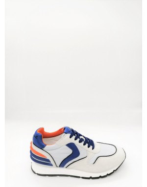 VOILE BLANCHE LIAM POWER VELOUR/TESS.LUBIC DECO SNEAKER LACCI UOMO IN CAMOSCIO E TESSUTO LUBIC DECO  COLOR BIANCO-ARANCIO-BLU, 