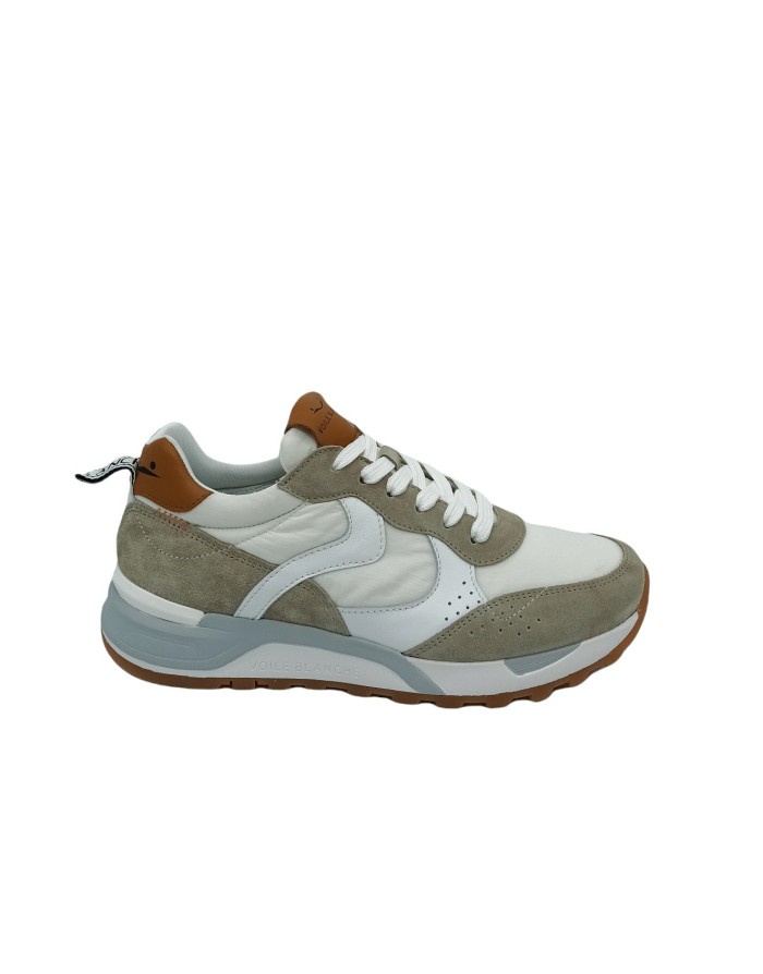 VOILE BLANCHE MAGG 01-2D38, SNEAKER LACCI IN CAMOSCIO, TESSUTO E VITELLO COLORE SAND-WHITE, CON TOPPONCINO CUOIO, FONDO GOMMA