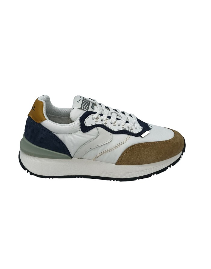 VOILE BLANCHE QWARK EASY, SNEAKER LACCI IN CAMOSCIO E TESSUTO TECNICO COLORE CARAMEL-BLU-BIANCO, FONDO GOMMA EXTRA LIGHT
