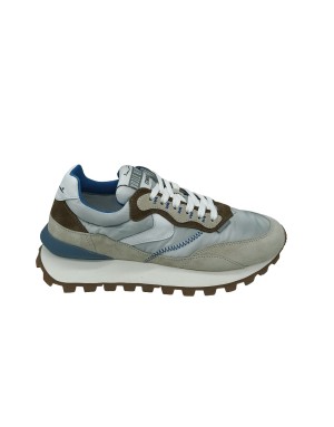 VOILE BLANCHE QWARK HYPE MAN, SNEAKER LACCI IN CAMOSCIO TORTORA E TESSUTO VELICO GRIGIO CON RIPORTI SABBIA/BIANCO, FONDO RUNNIN