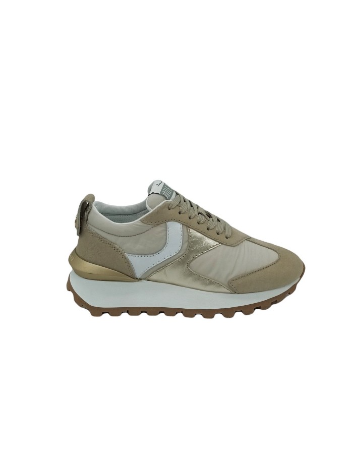VOILE BLANCHE QWARK W 16.1E15,SNEAKER LACCI IN CAMOSCIO E TESSUTO COLORE BEIGE CON RIPORTI IN VITELLO BIANCO E LAMINATO PLATINO