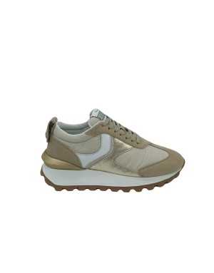 VOILE BLANCHE QWARK W 16.1E15,SNEAKER LACCI IN CAMOSCIO E TESSUTO COLORE BEIGE CON RIPORTI IN VITELLO BIANCO E LAMINATO PLATINO