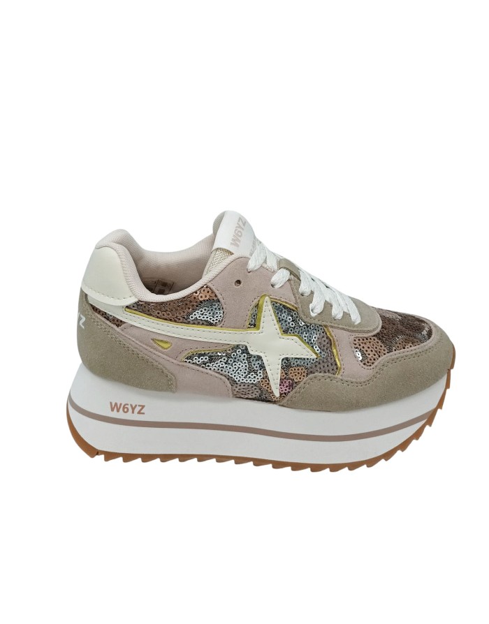 W6YZ DEVA SNEAKER LACCI IN CAMOSCIO COLORE BEIGE/CIPRIA CON PAILLETTES MULTICOLOR, FONDO MICRO CARRO 5CM