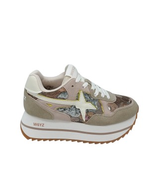 W6YZ DEVA SNEAKER LACCI IN CAMOSCIO COLORE BEIGE/CIPRIA CON PAILLETTES MULTICOLOR, FONDO MICRO CARRO 5CM