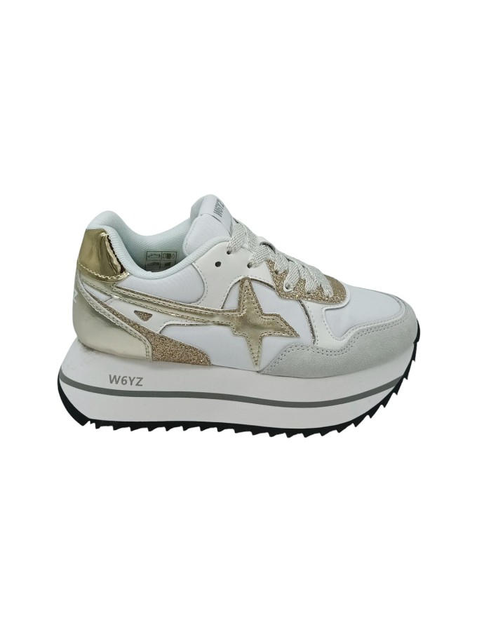 W6YZ DEVA SNEAKER LACCI IN CAMOSCIO, VITELLO E TESSUTO BIANCO CON RIPORTI PLATINO, FONDO MICRO CARRO 5CM