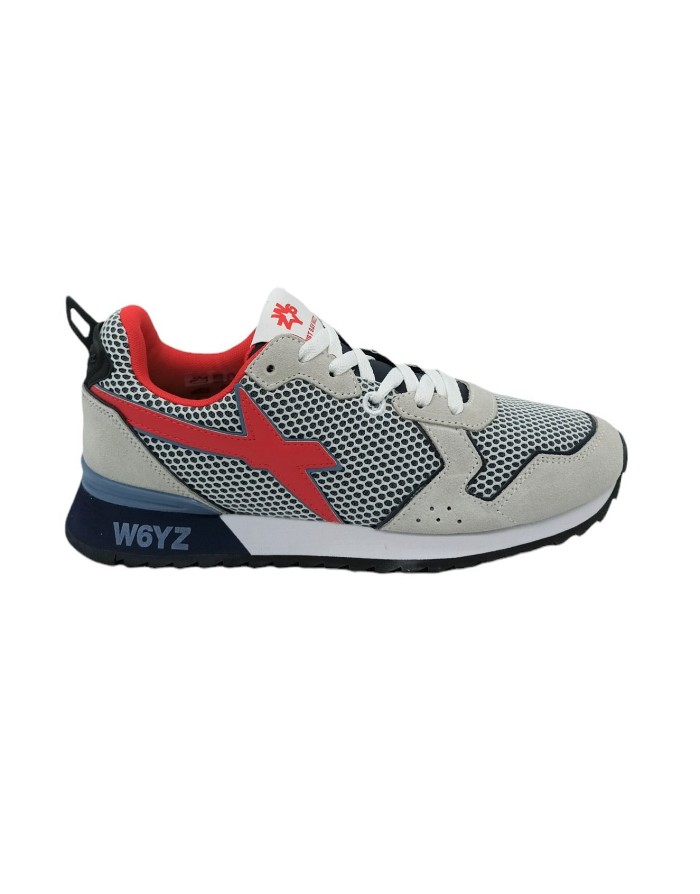 W6YZ JET-M 22.1N10, SNEAKER LACCI IN CAMOSCIO E TESSUTO A NIDO D'APE COLORE BIANCO/AVORIO CON RIPORTI IN VITELLO ROSSO, FONDO M