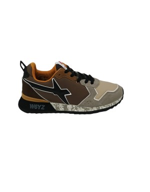 W6YZ JET-M, SNEAKER LACCI IN CAMOSCIO GRIGIO/T.MORO E TESSUTO TAUPE/TABACCO, FONDO MICRO NERO/CAMOUFLAGE