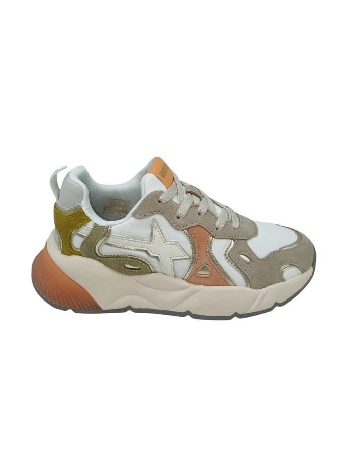 W6YZ SARA SNEAKER LACCI IN CAMOSCIO MULTICOLOR E TESSUTO BIANCO CON PROFILI LAMINATI PLATINO, FONDO GOMMA BICOLOR