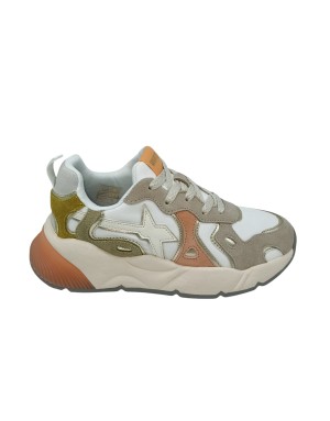 W6YZ SARA SNEAKER LACCI IN CAMOSCIO MULTICOLOR E TESSUTO BIANCO CON PROFILI LAMINATI PLATINO, FONDO GOMMA BICOLOR