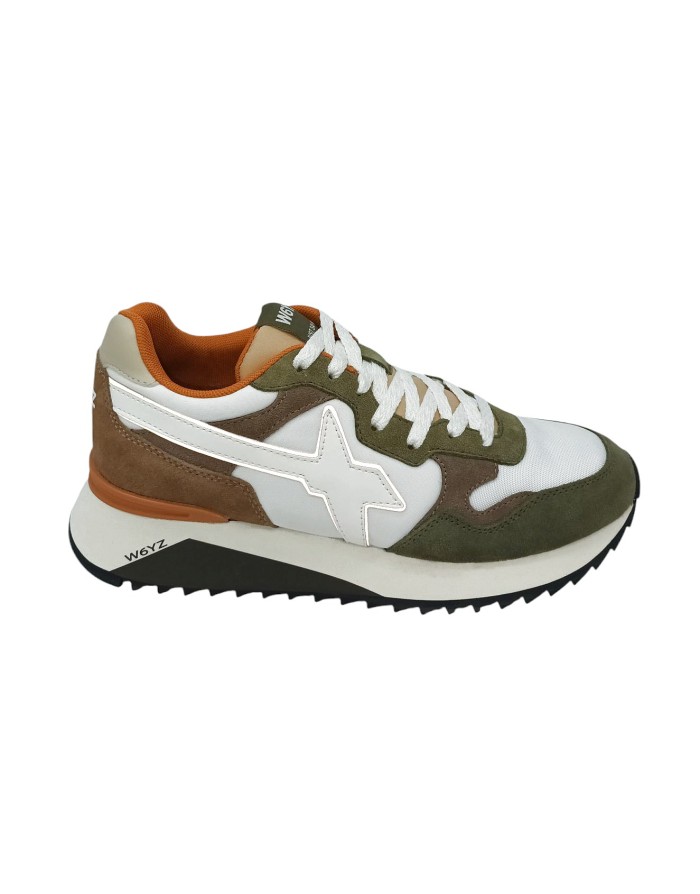 W6YZ YAK-M SNEAKER LACCI IN CAMOSCIO E TESSUTO COLORE MILITARE-BIANCO-MARRONE, FONDO MICRO BICOLOR EXTRA LIGHT