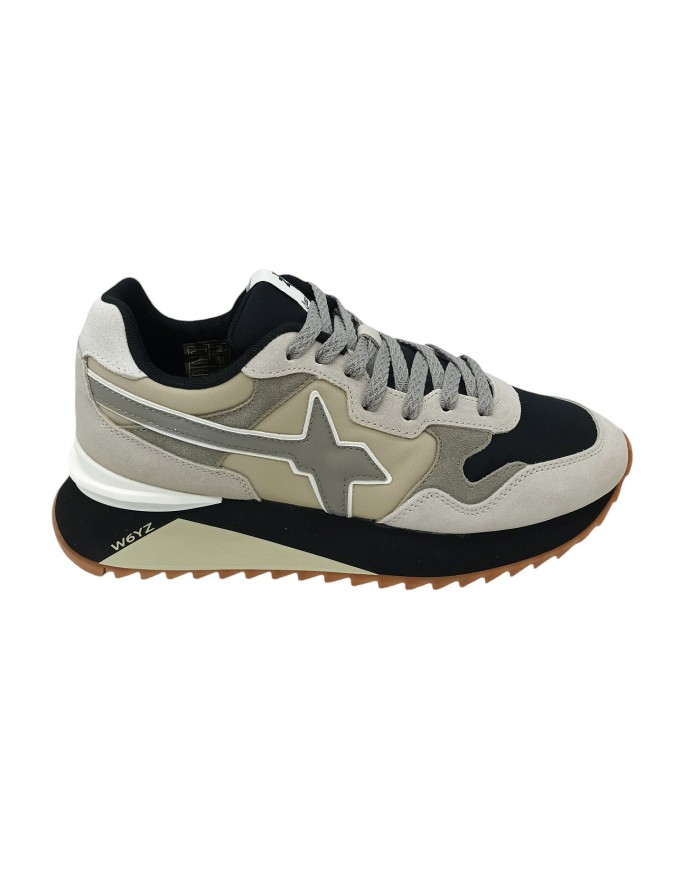 W6YZ YAK-M, SNEAKER LACCI IN CAMOSCIO E TESSUTO TECNICO COLORE BEIGE-TAUPE-NERO, FONDO MICRO