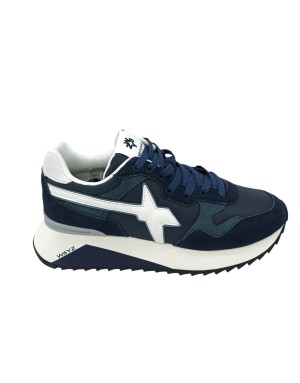 W6YZ YAK-M, SNEAKER LACCI IN CAMOSCIO E TESSUTO TECNICO COLORE BLU CON RIPORTI BIANCHI, FONDO MICRO