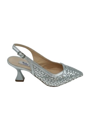 WALTER VIOLET 1232, CHANEL IN VITELLO LAMINATO INTRECCIATO COLORE ARGENTO, TACCO IN ABS LACCATO IN TINTA 7CM, FONDO CUOIO