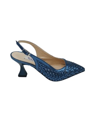 WALTER VIOLET 1232, CHANEL IN VITELLO LAMINATO INTRECCIATO COLORE BLU, TACCO IN ABS LACCATO IN TINTA 7CM, FONDO CUOIO