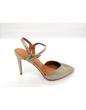 WHAT FOR WF036 CHANEL CON CINTURINO ALLA CAVIGLIA, TOMAIA IN VITELLO CRACCATO LAMINATO COLORE BRONZO, TACCO FASCIATO 8CM, FONDI