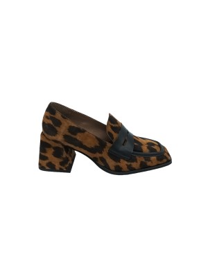 WONDERS H-4351 MOCASSINO CON VASCHETTA, TOMAIA IN CAMOSCIO MACULATO LEOPARDO CON PROFILI IN VITELLO NERO, TACCO FASCIATO  6CM, 
