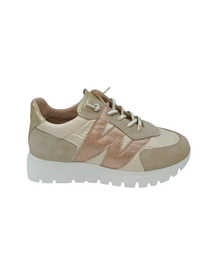 WONDERS SNEAKER CON ELASTICI, TOMAIA IN CAMOSCIO E TESSUTO COLORE BEIGE CON RIPORTI LAMINATI NUDE, FONDO GOMMA ETRA LIGHT 4CM