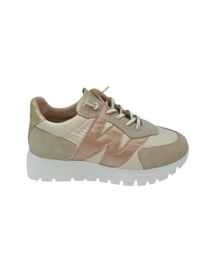WONDERS SNEAKER CON ELASTICI, TOMAIA IN CAMOSCIO E TESSUTO COLORE BEIGE CON RIPORTI LAMINATI NUDE, FONDO GOMMA ETRA LIGHT 4CM
