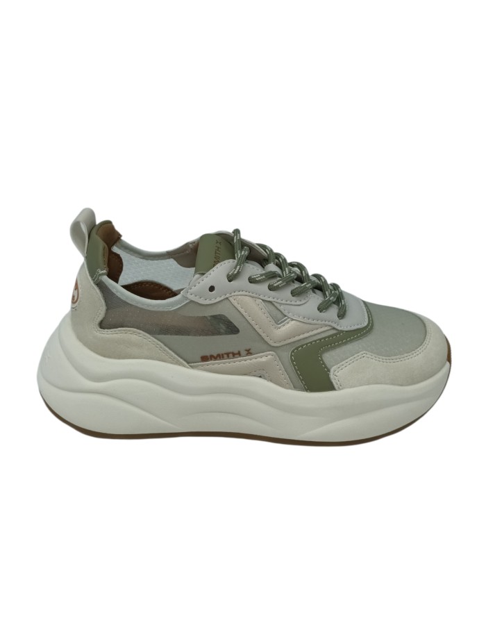 SMITH X SNEAKER LACCI IN CAMOSCIO COLORE AVORIO CON RIPORTI IN VITELLO VERDE E NAPLAK BEIGE, TESSUTO TECNICO TRASPIRANTE, FONDO