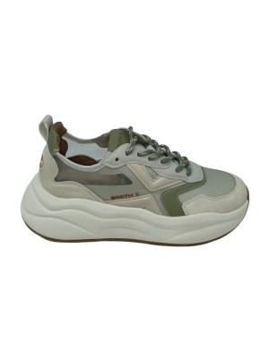 SMITH X SNEAKER LACCI IN CAMOSCIO COLORE AVORIO CON RIPORTI IN VITELLO VERDE E NAPLAK BEIGE, TESSUTO TECNICO TRASPIRANTE, FONDO