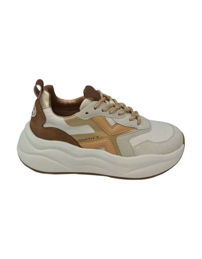 SMITH X SNEAKER LACCI IN VITELLO COLORE BIANCO CON RIPORTI CUOIO/ORO, TOPPONCINO IN CAMOSCIO BRUCIATO, FONDO GOMMA ONDULATO EXT