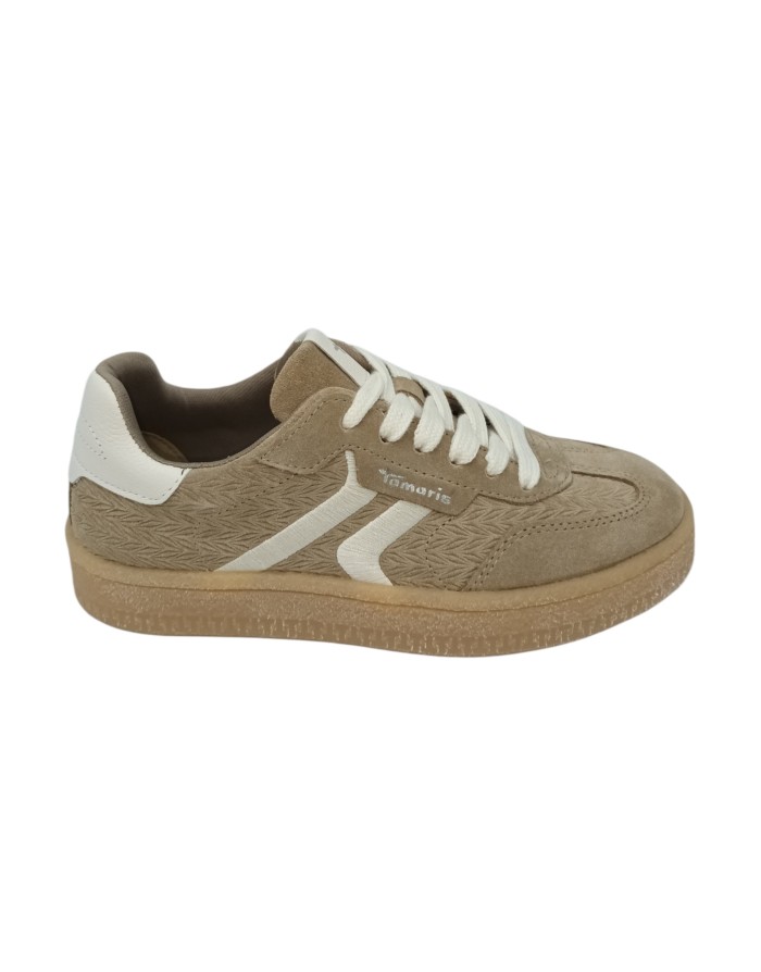 TAMARIS SNEAKER LACCI IN NABUK SPIGATO E CAMOSCIO COLORE TAUPE CON RIPORTI AVORIO E TOPPONCINO IN VITELLO BIANCO, FONDO GOMMA M