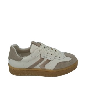 TAMARIS SNEAKER LACCI IN VITELLO BIANCO CON RIPORTI IN CAMOSCIO TAUPE, FONDO GOMMA MIELE 3CM