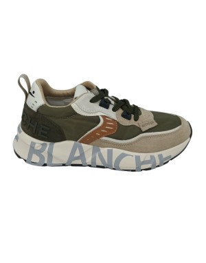 VOILE BLANCHE CLUB 01 SNEAKER LACCI IN CAMOSCIO E TESSUTO TECNICO COLORE BEIGE-VERDE MILITARE-CUOIO CON RIPORTI BIANCHI, FONDO 