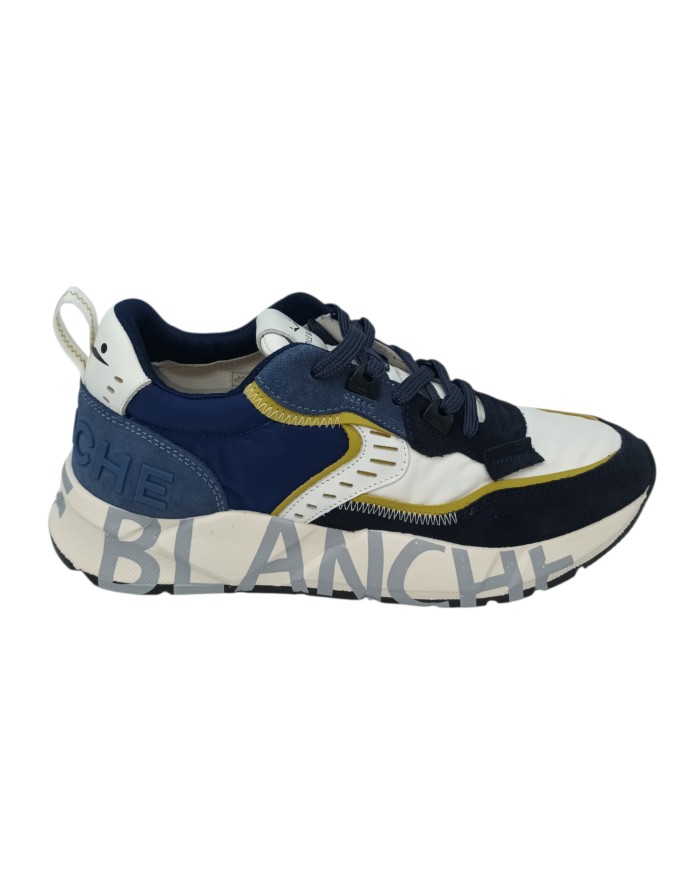 VOILE BLANCHE CLUB 01 SNEAKER LACCI IN CAMOSCIO E TESSUTO TECNICO COLORE BIANCO-BLU CON RIPORTI IN VITELLO CEDRO, FONDO GOMMA LA